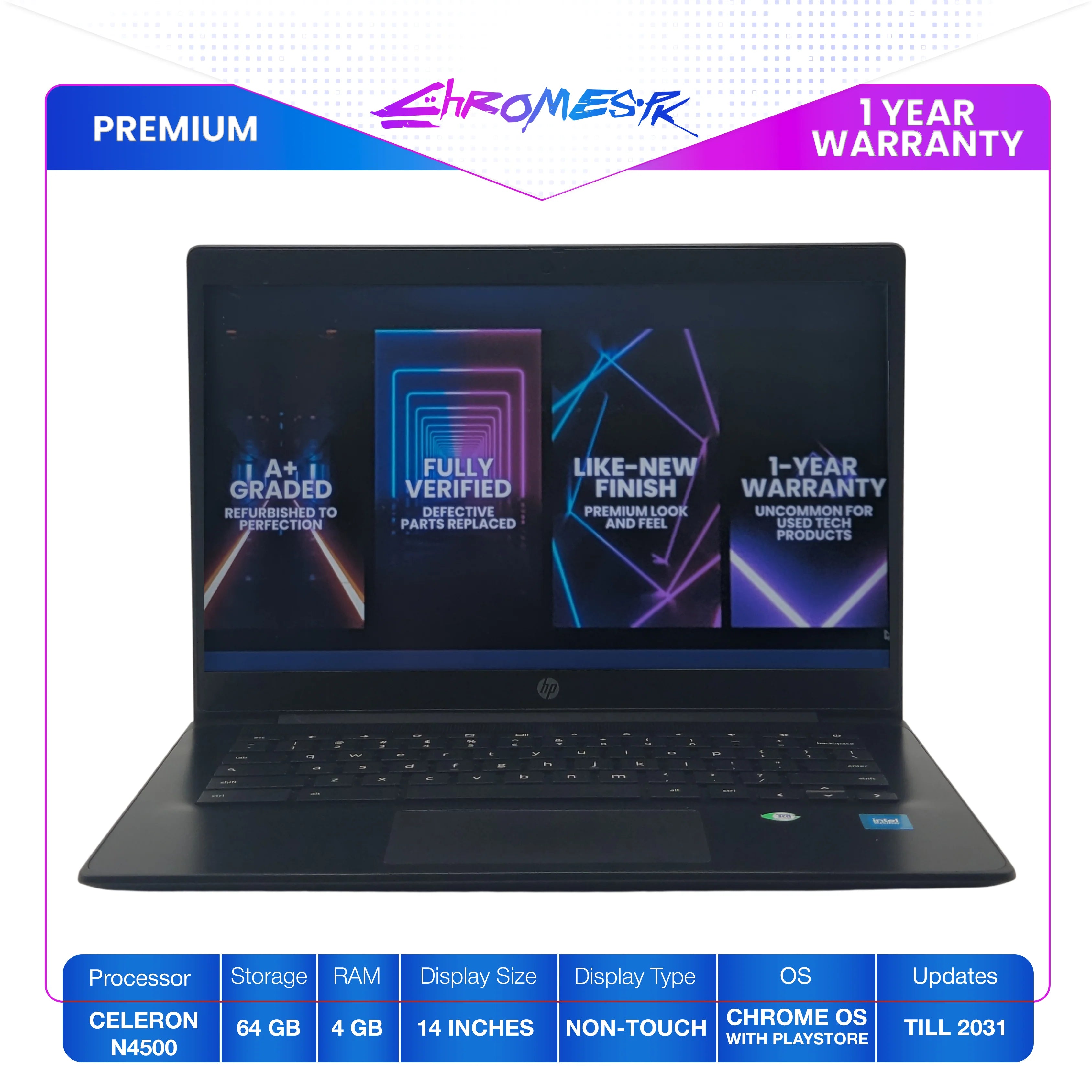 1 year warranty HP Chromebook 14 G7 | 4GB RAM | 64GB Storage | 14 inch″ HD Display | Type-C Charging | Chrome Update till 2031 | Premium Packaging